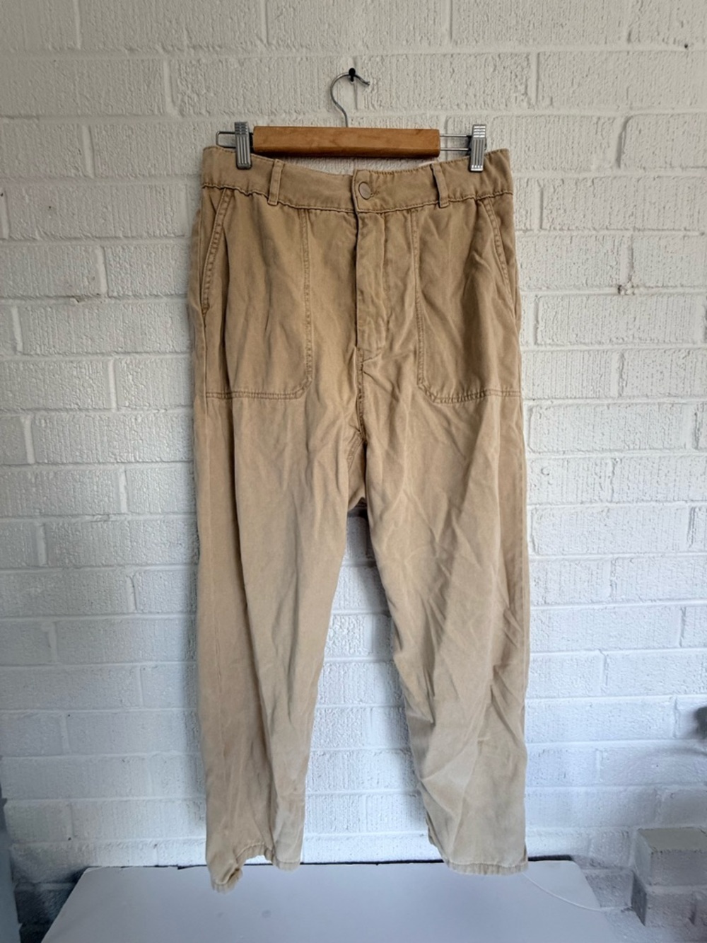 Zara Beige Relaxed-Fit Cotton Trousers